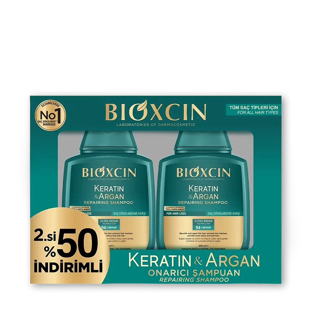 خرید و قیمت پک دو عددی شامپو كراتين بيوكسين Bioxcin Keratin & Argan Shampoo 300ml 2pcs