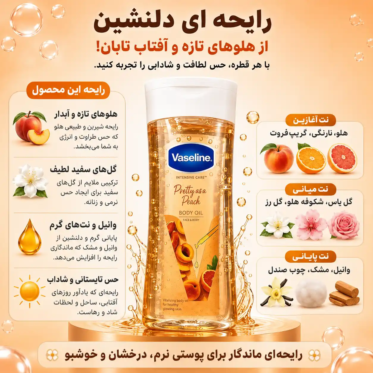 خرید و قیمت روغن بدن هلو وازلين Vaseline Pretty As A Peach Body Oil 200ml