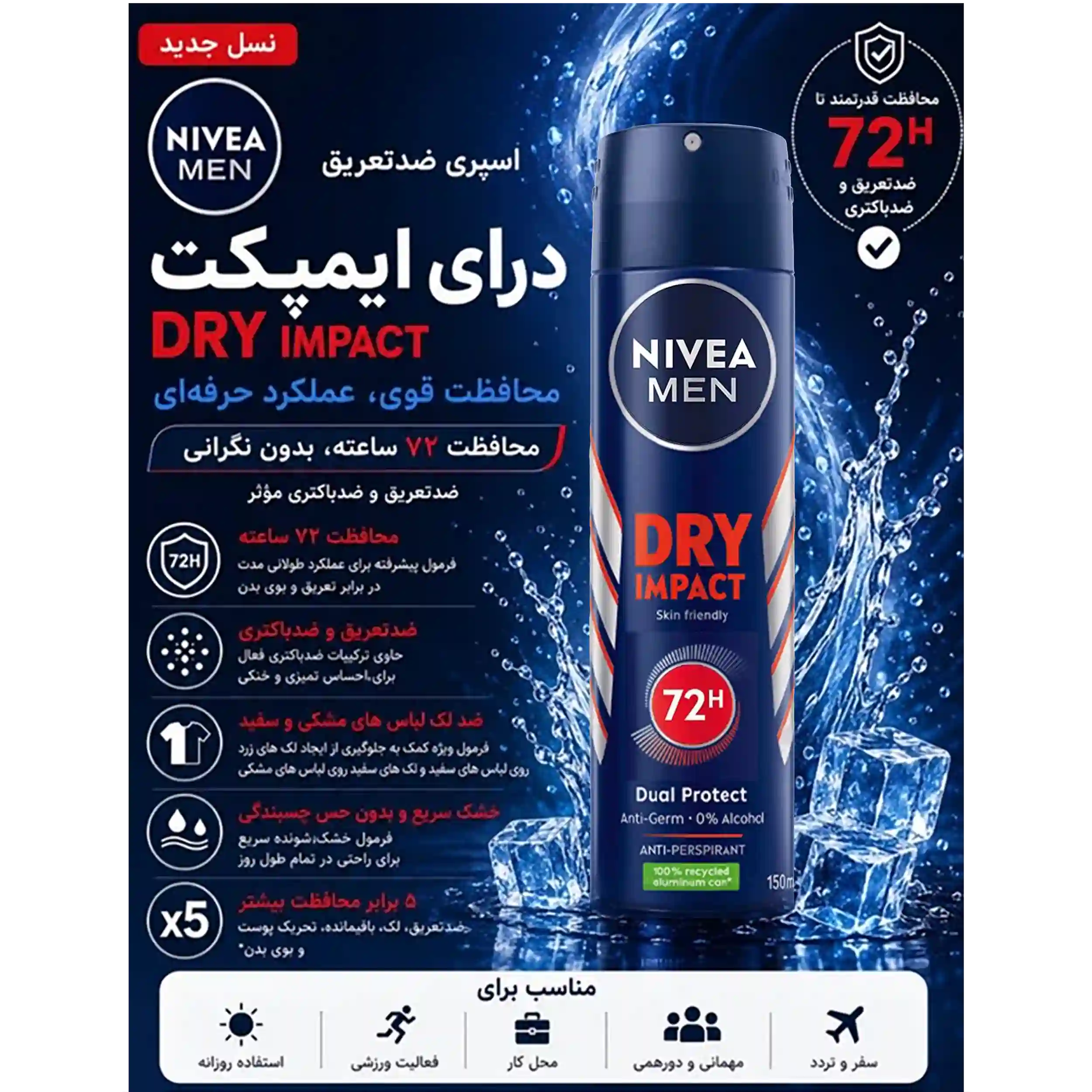 خرید و قیمت اسپری نيوآ Nivea Men Dry Impact 72H 150ml
